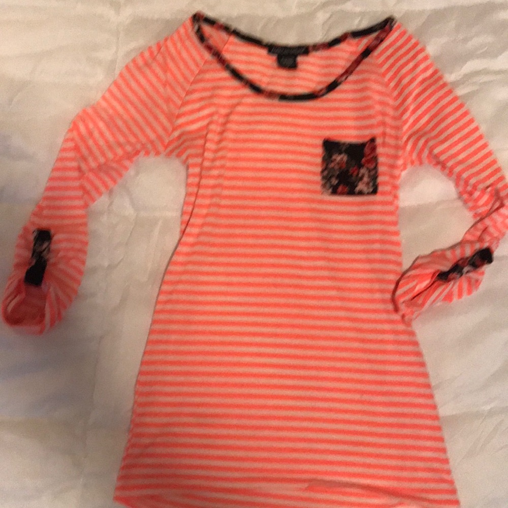 Coral and white striped shirt with floral pocket